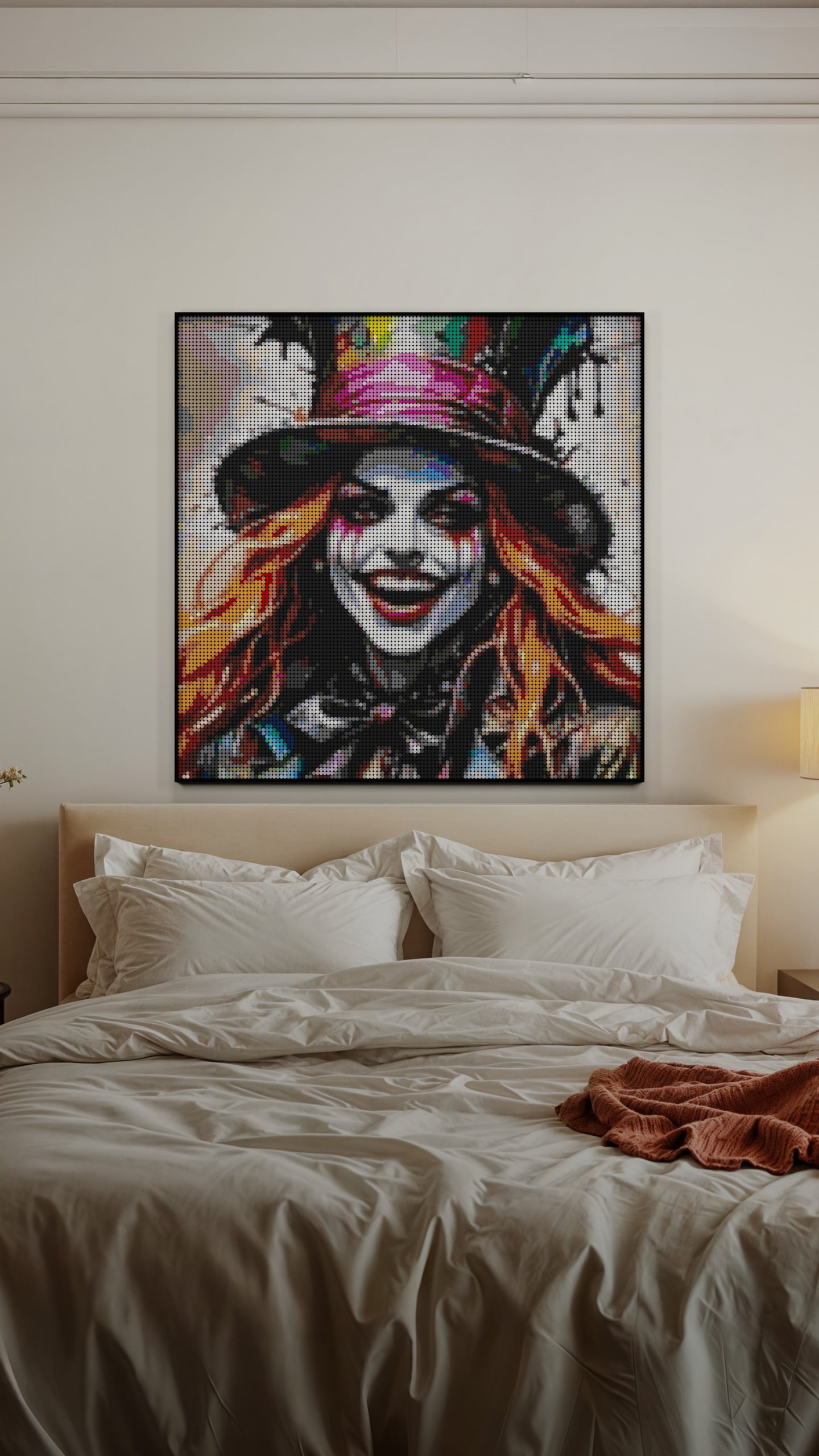 The Mad Hattress LEGO® Style mosaic wall art made from colorful plastic bricks